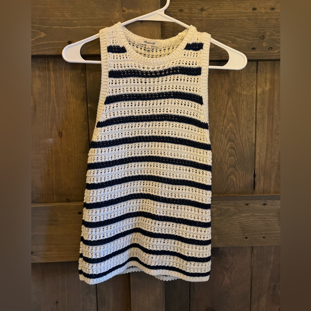 Madewell Crochet  Tank Top Women's XS Cream White Blue Striped